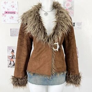Vintage Y2K Brown Faux Suede Shaggy Buckle Jacket